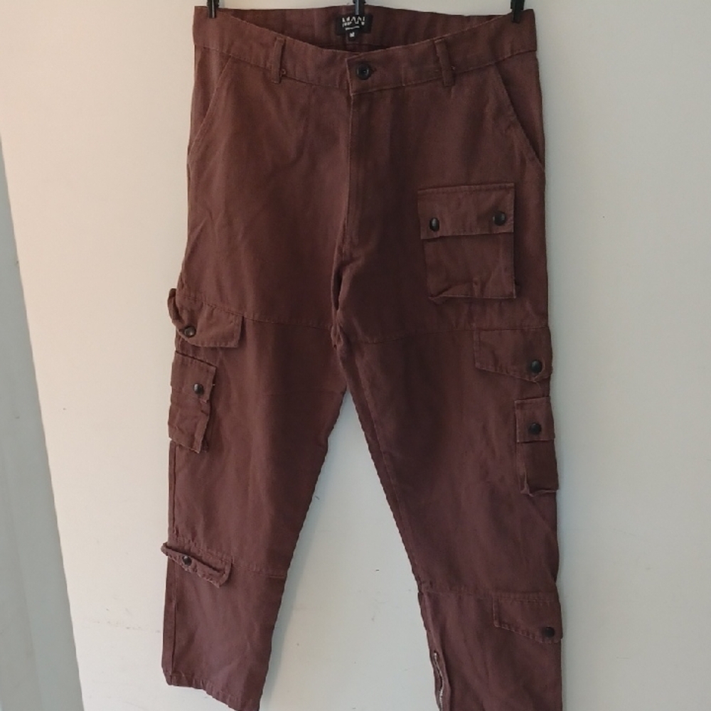 Boohooman Relaxed Fit Twill Chocolate Brown Cargo Pants, M